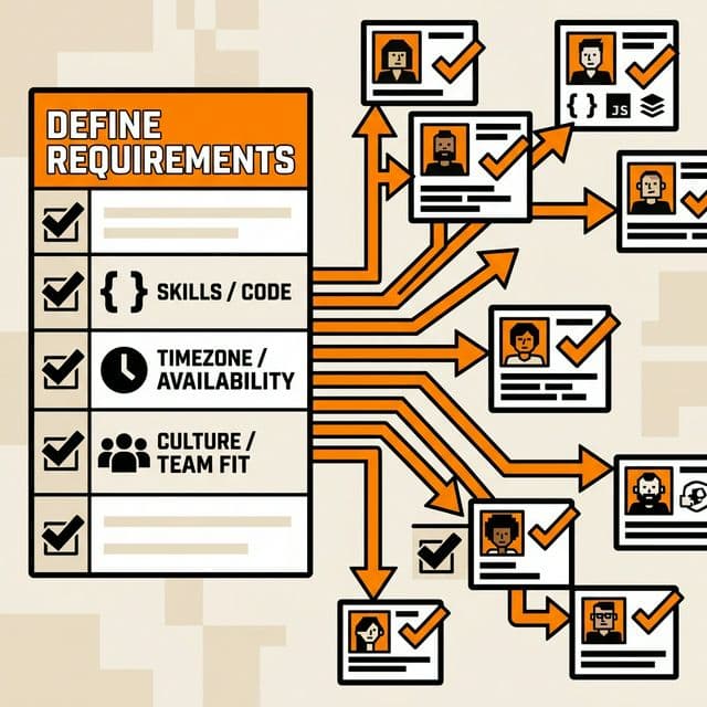 Define requirements once and source developers everywhere — neobrutalist illustration